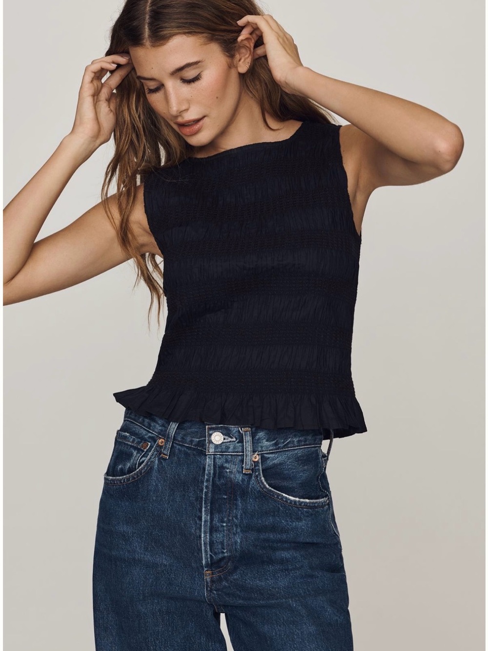 Rails Kane tank Smocked Sleeveless Ruffle-Hem Top in Black xxs